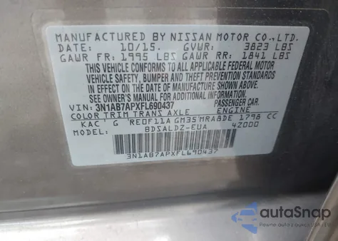 2015 Nissan Sentra Sv z USA, uszkodzony, nr VIN 3N1AB7APXFL690437